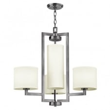 Art Deco Modern ceiling chandelier in brushed nickel with linen shades