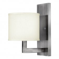 modern antique nickel wall light with off white linen shade