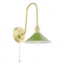 traditional wall light in natural brass with green gloss shade 