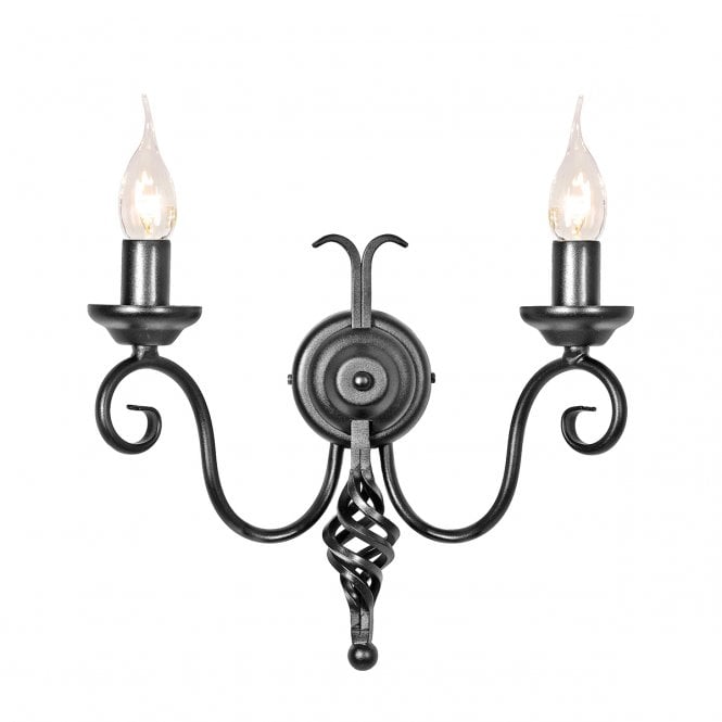 HARLECH 2 light wall light medieval black with Gothic scrolling iron metalwork