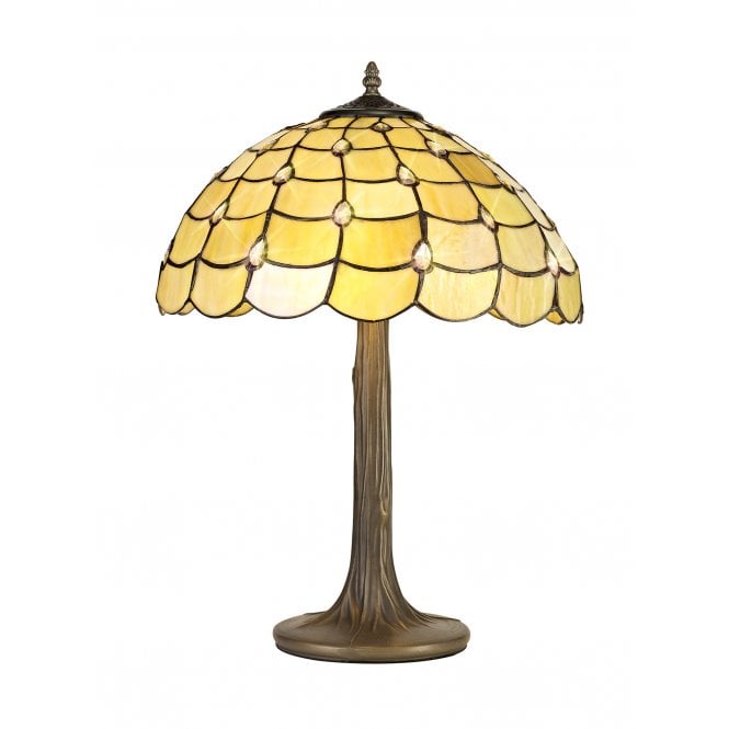 HARMONY 2 Light Tree Like Table Lamp E27 With 40cm Tiffany Shade, Beige Clear Crystal Aged Brass