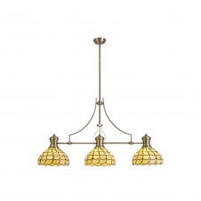 HARMONY 3 Light Linear Pendant E27 With 30cm Tiffany Shade, Antique Brass, Beige, Clear Crystal