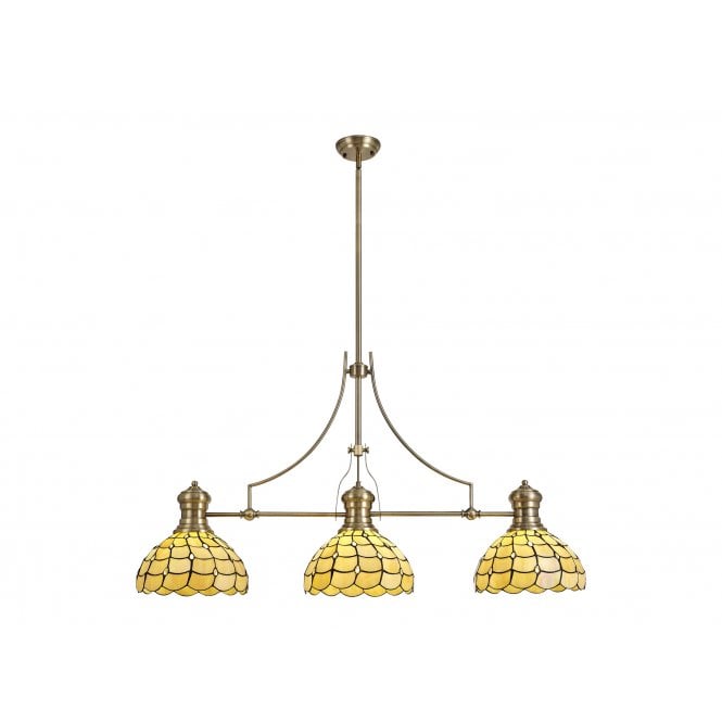 HARMONY 3 Light Linear Pendant E27 With 30cm Tiffany Shade, Antique Brass, Beige, Clear Crystal