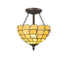 HARMONY 3 Light Semi Ceiling E27 With 30cm Tiffany Shade, Beige/Clear Crystal/Aged Antique Brass