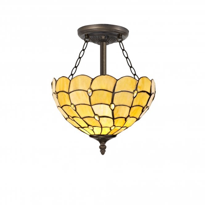 HARMONY 3 Light Semi Ceiling E27 With 30cm Tiffany Shade, Beige/Clear Crystal/Aged Antique Brass