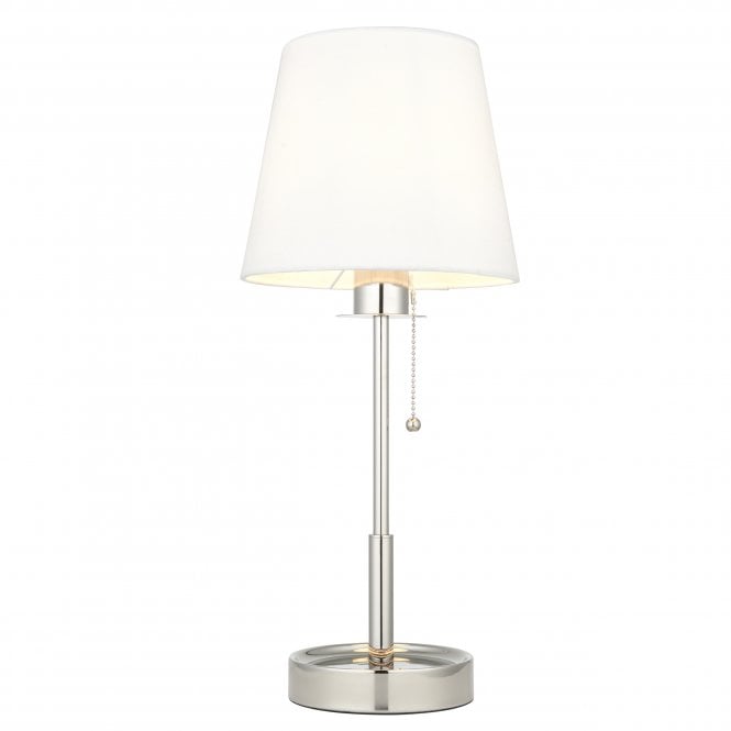 HARMONY Table Lamp in Bright Nickel with Vintage White Fabric Shade