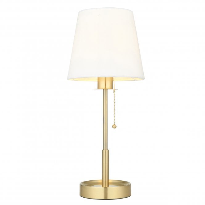 HARMONY Table Lamp in Satin Brass with Vintage White Fabric Shade