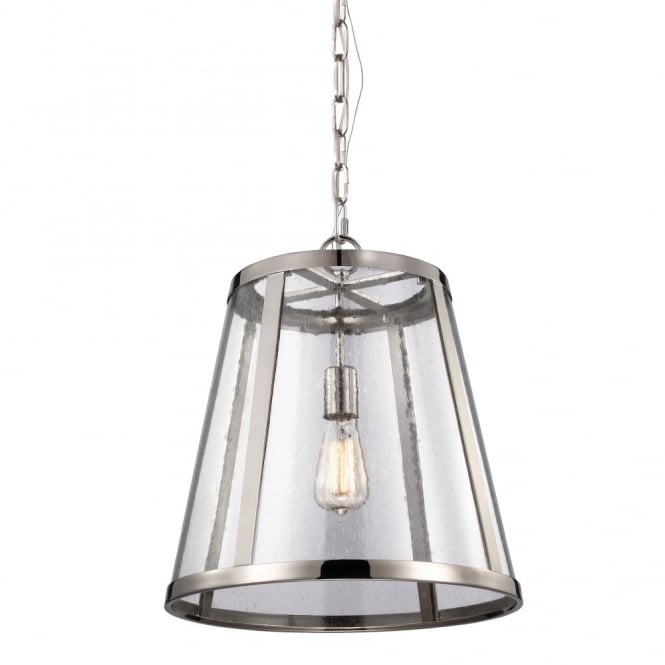 HARROW modernised industrial ceiling pendant in polished nickel with seeded glass panels (medium)