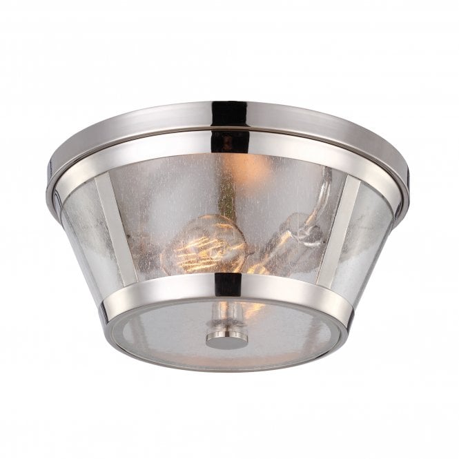 HARROW modernised industrial flush ceiling light in polished nickel with seeded glass panels