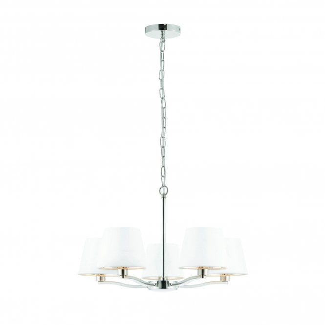 HARVEY 5 Light Ceiling Pendant Polished Nickel Plate & Vintage White Faux Silk Shades