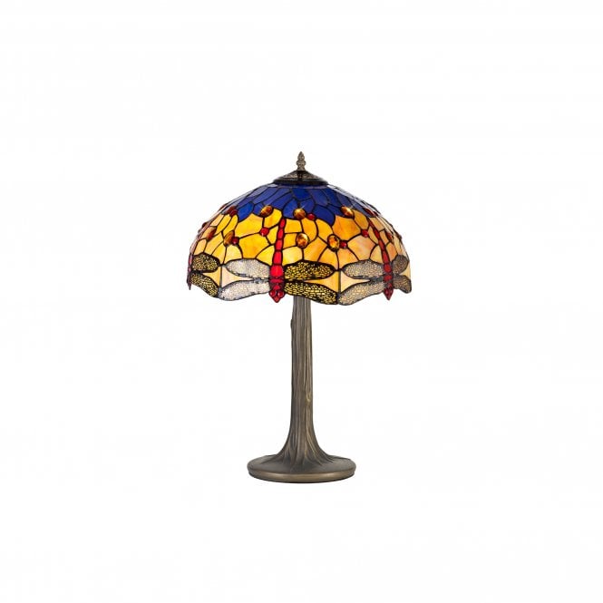 HAZEL 2 Light Tree Like Table Lamp E27 With 40cm Tiffany Shade, Blue Orange Crystal Aged Brass