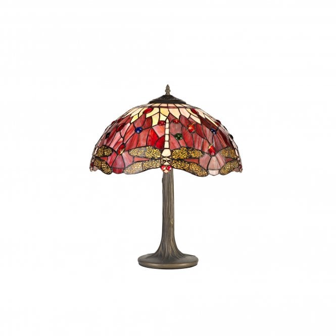 HAZEL 2 Light Tree Like Table Lamp E27 With 40cm Tiffany Shade, Purple Pink Crystal Aged Brass