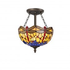 HAZEL 3 Light Semi Ceiling E27 With 30cm Tiffany Shade, Blue/Orange/Crystal/Aged Antique Brass