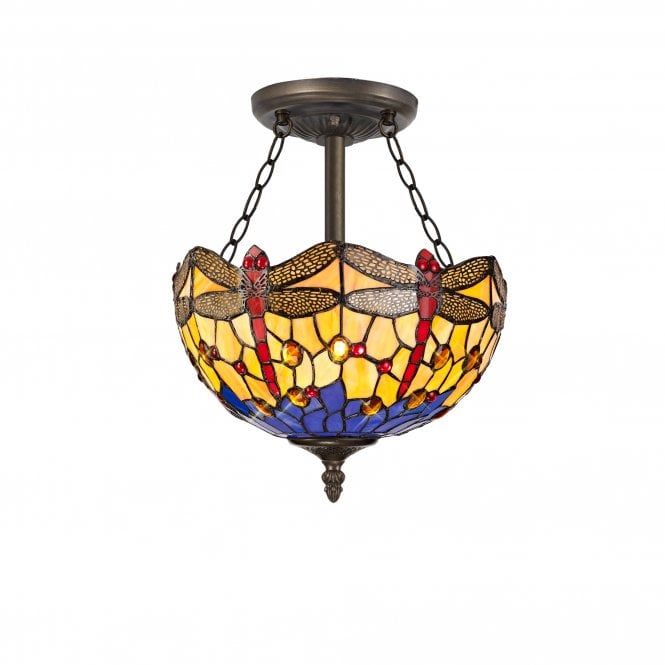 HAZEL 3 Light Semi Ceiling E27 With 30cm Tiffany Shade, Blue/Orange/Crystal/Aged Antique Brass
