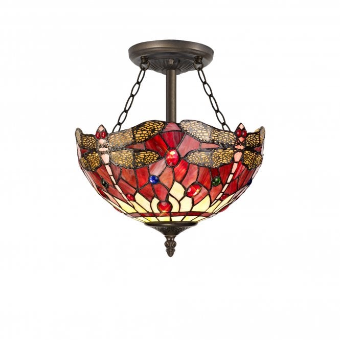 HAZEL 3 Light Semi Ceiling E27 With 30cm Tiffany Shade, Purple/Pink/Crystal/Aged Antique Brass