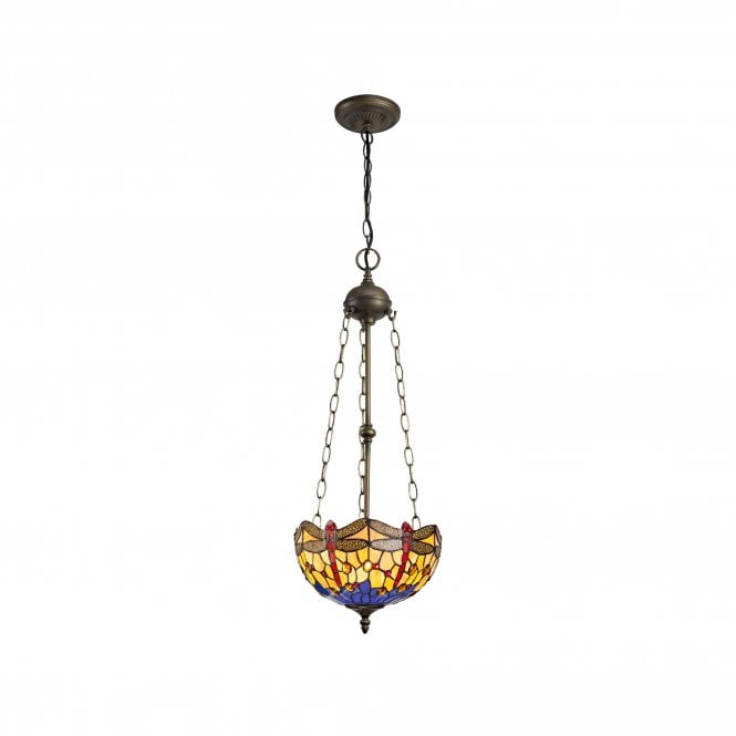 HAZEL 3 Light Uplighter Pendant E27 With 30cm Tiffany Shade, Blue Orange Crystal Aged Brass