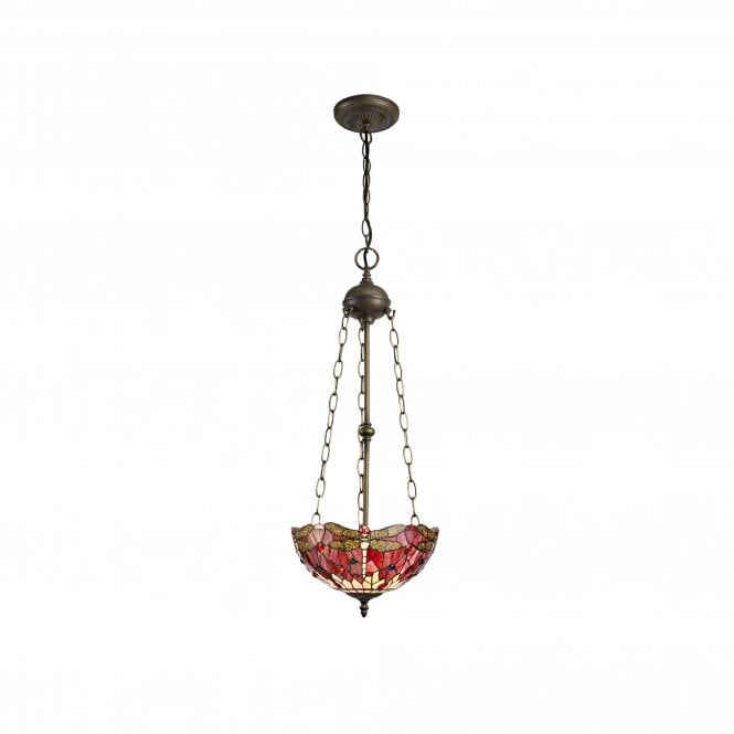 HAZEL 3 Light Uplighter Pendant E27 With 30cm Tiffany Shade, Purple Pink Crystal Aged Brass