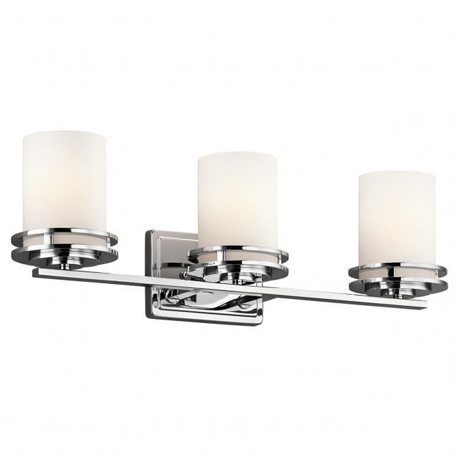 HENDRIK three light chrome bathroom wall light with opal glass shades