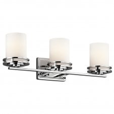 HENDRIK three light chrome bathroom wall light with opal glass shades