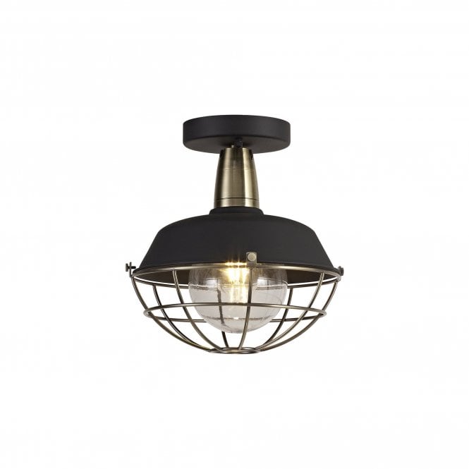 HEXACAGE IP65 Outdoor Semi Flush Ceiling Light Porch Light Matte Black with Bronze Cage