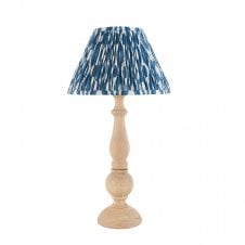 wooden table lamp with blue ikat pattern shade