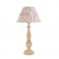wooden table lamp with neutral ikat pattern shade