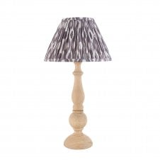 wooden table lamp with grey ikat pattern shade