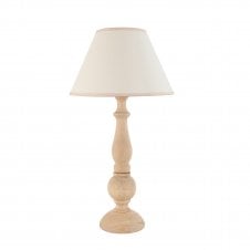 wooden table lamp with white tapered shade