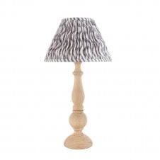 wooden table lamp with grey ripple pattern shade