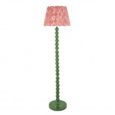 green floor lamp and tapered shade with pink ikat pattern