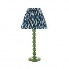 green table lamp with blue ikat pattern tapered shade