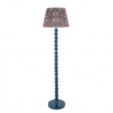 blue floor lamp with grey ikat pattern shade