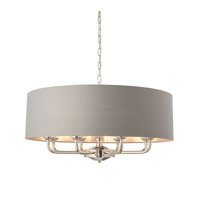 HIGHCLERE 8 Light Ceiling Pendant Nickel with Charcoal Wraparound Drum Shade