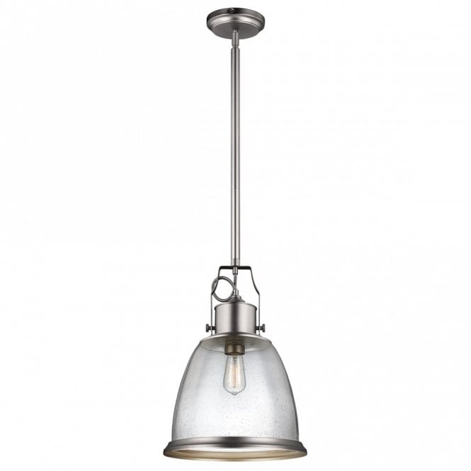 HOBSON industrial style large satin nickel pendant with clear seeded glass