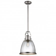 HOBSON industrial style large satin nickel pendant with clear seeded glass
