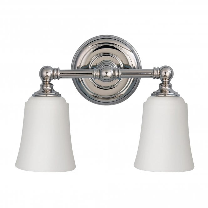 HUGUENOT LAKE modern classic polished chrome bathroom double wall light with opal shades