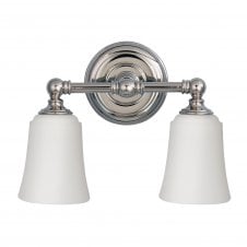 modern classic polished chrome bathroom double wall light with opal glass shades