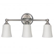 modern classic 3 light over mirror light for bathrooms in polished chrome with opal glass shades