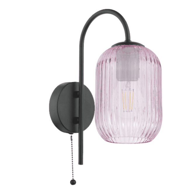 IDRA Black Wall Light & Pink Ribbed Glass Shade