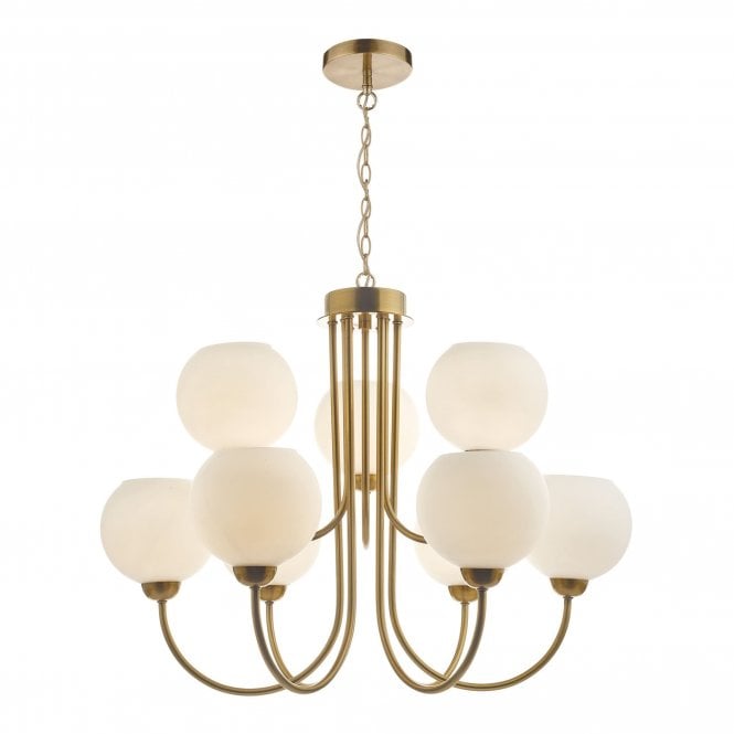 INDRA 9 light natural brass chandelier with opal glass globe shades