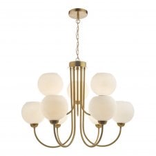 INDRA 9 light natural brass chandelier with opal glass globe shades