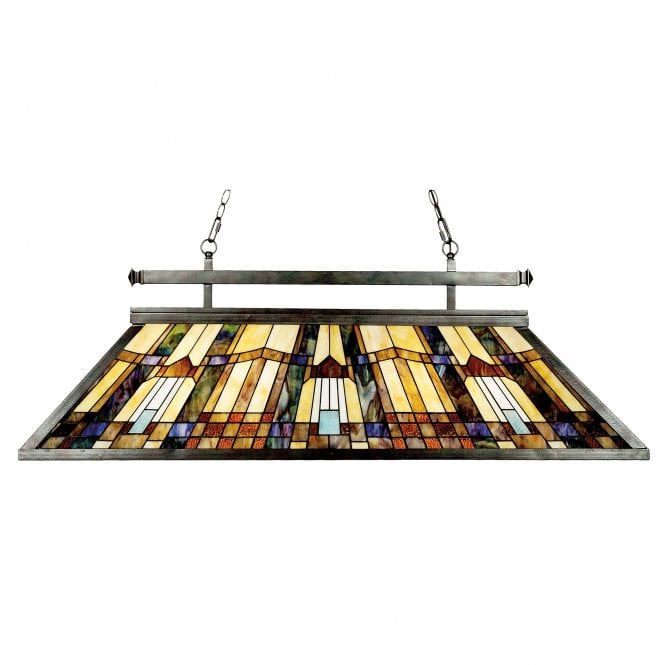 INGLENOOK Tiffany 3lt island chandelier with bronze suspension and Art Deco geometric glass panel shade