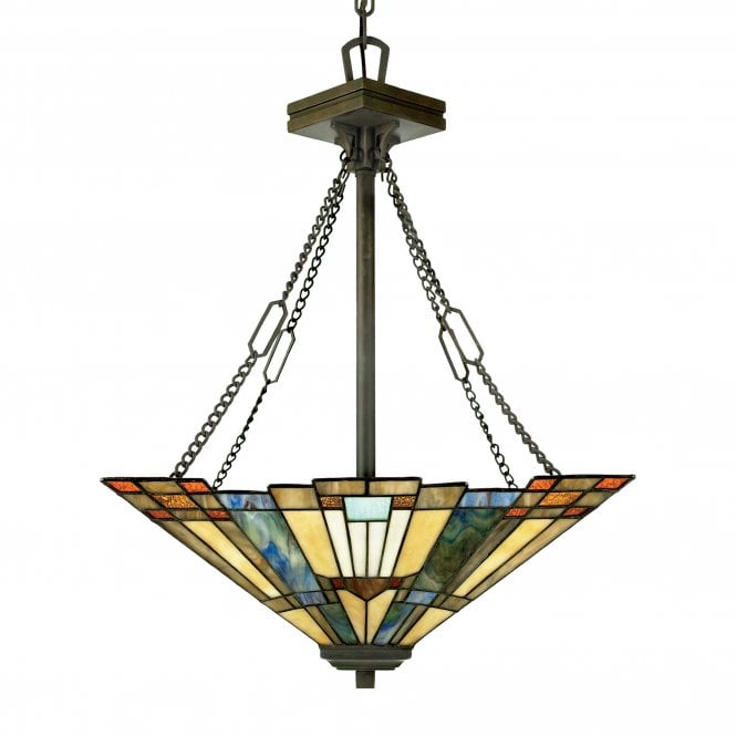 INGLENOOK Tiffany ceiling pendant uplighter with bronze suspension and Art Deco glass panel shade