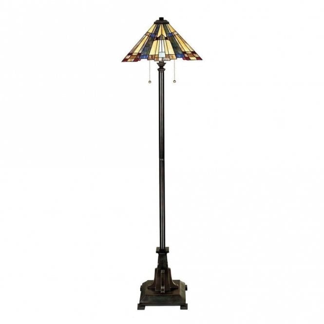 INGLENOOK Tiffany floor lamp with bronze base and Art Deco geometric glass panel shade