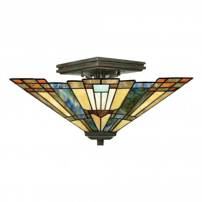 INGLENOOK Tiffany semi flush ceiling light with bronze fixture and Art Deco glass panel shade