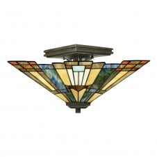 Tiffany style semi flush ceiling light with amber, green and blue glass shade