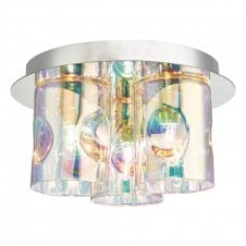 3 light semi flush in chrome with iridescent glass