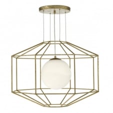 old gold geometric ceiling pendant with opal glass globe