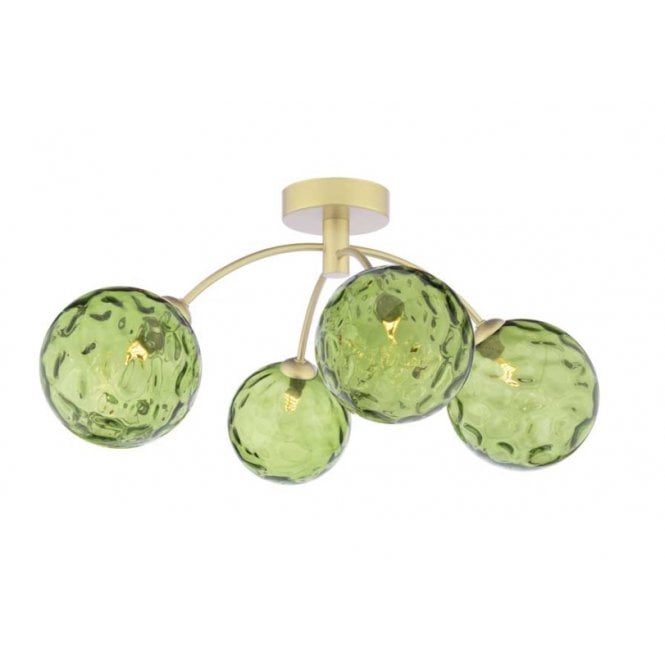 IZZY 4 Light Semi-Flush Matt Gold Fitting with Green Dimpled Glass Shades