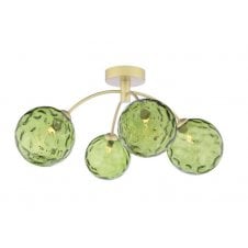 4 Light Semi-Flush Matt Gold Fitting with Green Dimpled Glass Shades